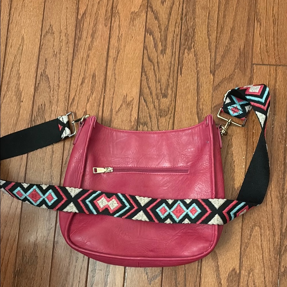 Pink Crossbody Bag with Patterned Strap